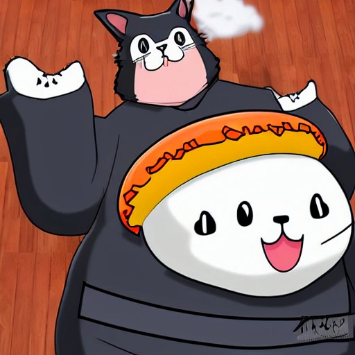 Tuxedo fat cat in anime style dreaming about a hamburger, 3D