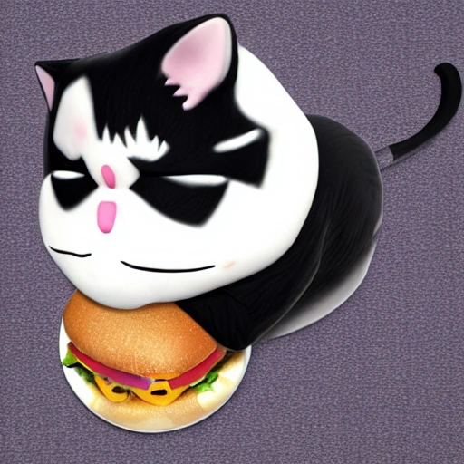 Tuxedo fat cat dreaming about a hamburger, 3D