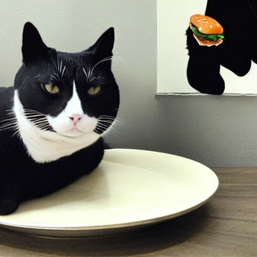 Tuxedo fat cat dreaming about a hamburger, 3D