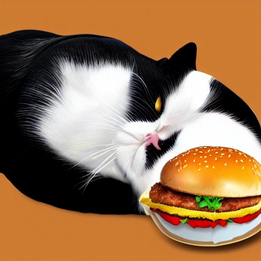 Tuxedo fat cat dreaming about a hamburger, 3D