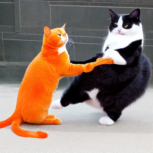 Tuxedo fat cat fighting with slim orange cat