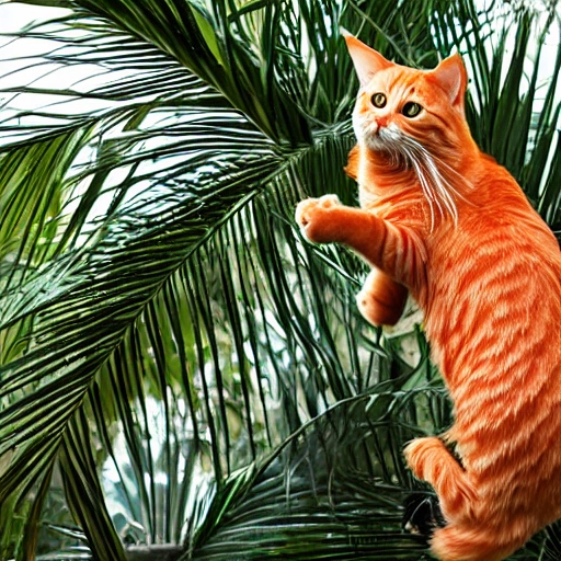 Agile orange cat climbing a palm tree
