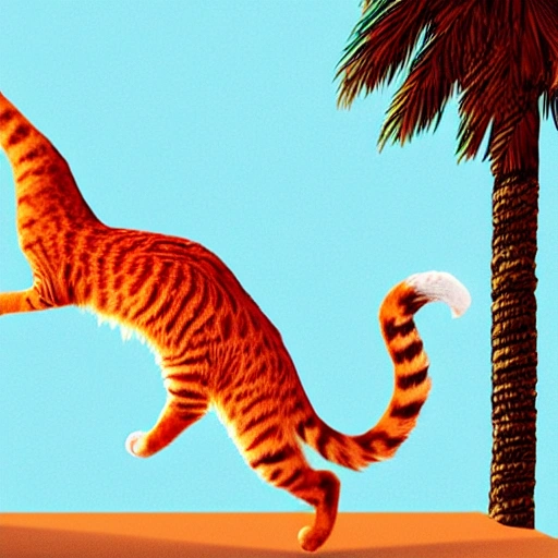 Agile orange cat climbing a palm tree
