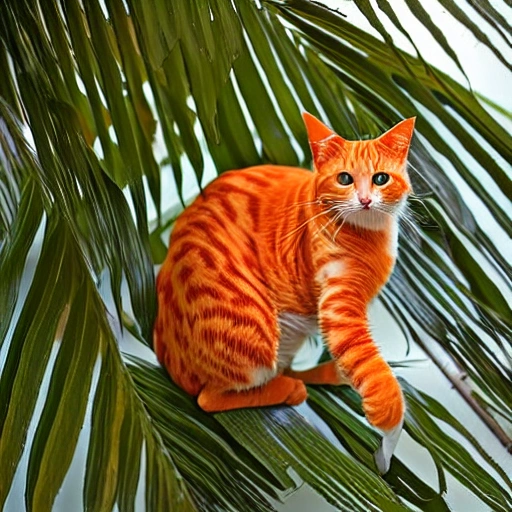 Orange cat climbing a palm tree
