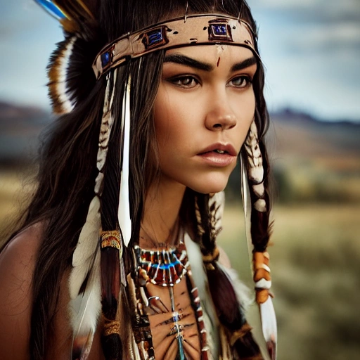 mdjrny-v4 style portrait photograph of Madison Beer as Pocahontas, young beautiful native american woman, perfect symmetrical face, indigenes feather jewelry, traditional handmade dress, armed female hunter warrior, (((wild west))) environment, Utah landscape, ultra realistic, concept art, elegant, ((intricate)), ((highly detailed)), depth of field, ((professionally color graded)), soft ambient lighting, dusk, 8k, art by artgerm and greg rutkowski and alphonse mucha