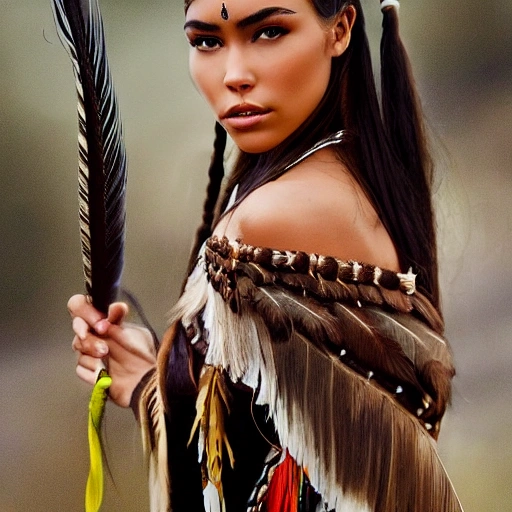 mdjrny-v4 style portrait photograph of Madison Beer as Pocahontas, young beautiful native american woman, perfect symmetrical face, indigenes feather jewelry, traditional handmade dress, armed female hunter warrior, (((wild west))) environment, Utah landscape, ultra realistic, concept art, elegant, ((intricate)), ((highly detailed)), depth of field, ((professionally color graded)), soft ambient lighting, dusk, 8k, art by artgerm and greg rutkowski and alphonse mucha, busty, big tits perfect, 