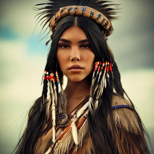 mdjrny-v4 style portrait photograph of Madison Beer as Pocahontas, young beautiful native american woman, perfect symmetrical face, indigenes feather jewelry, traditional handmade dress, armed female hunter warrior, (((wild west))) environment, Utah landscape, ultra realistic, concept art, elegant, ((intricate)), ((highly detailed)), depth of field, ((professionally color graded)), soft ambient lighting, dusk, 8k, art by artgerm and greg rutkowski and alphonse mucha, busty, big tits perfect, pink nopples, bare breast