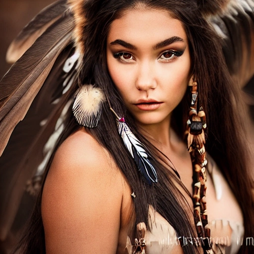 mdjrny-v4 style portrait photograph of Madison Beer as Pocahontas, young beautiful native american woman, perfect symmetrical face, indigenes feather jewelry, lingerie dress, armed female hunter warrior, (((wild west))) environment, Utah landscape, ultra realistic, concept art, elegant, ((intricate)), ((highly detailed)), depth of field, ((professionally color graded)), soft ambient lighting, dusk, 8k, art by artgerm and greg rutkowski and alphonse mucha, busty, big tits perfect, pink nopples, bare breast