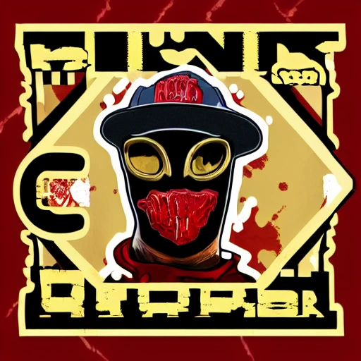 hiphop cover art, with tile "mask off" big bold text , red mask ,r gangster blood, gold teeth, ski mask, digital drawing, Midjourney