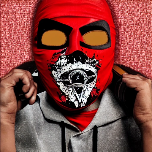 hyper realistic, cover art, with tile "mask off" big bold text , red mask ,r gangster blood, gold teeth, ski mask, ,4k, digital drawing, Midjourney