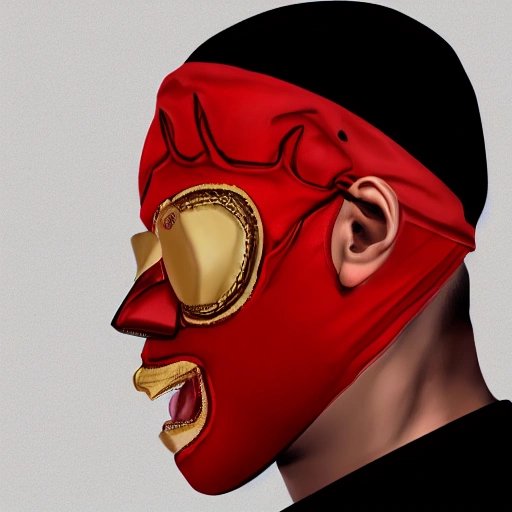 hyper realistic, cover art, with title "mask off" big bold text , red mask ,r gangster blood, gold teeth, ski mask, ,4k, digital drawing, Midjourney