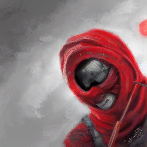 Award-winning, 4K digital painting in the style of Yoshitaka Amano. Detailed and intricate depiction of man in red ski mask 