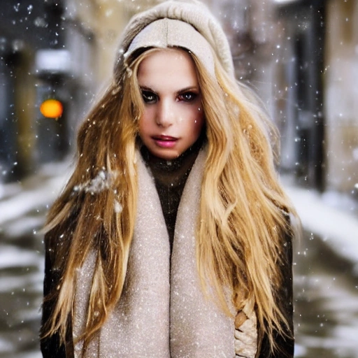 professional portrait photograph of a gorgeous Polish girl in winter clothing with long wavy blonde hair, ((sultry flirty look)), freckles, beautiful symmetrical face, cute natural makeup, wearing elegant winter fashion clothing, ((standing outside in snowy city street)), stunning modern urban upscale environment, ultra realistic, concept art, elegant, highly detailed, intricate, sharp focus, depth of field, f/1.8, 85mm, medium shot, mid shot, (centered image composition), (professionally color graded), ((bright soft diffused light)), volumetric fog, trending on instagram, trending on tumblr, hdr 4k, 8k