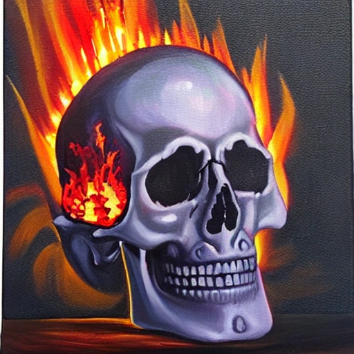 3d skull with ignites fire over it, Oil Painting