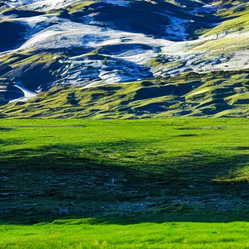 photo  of ice covered mountains with a field of bright green grass in the foreground