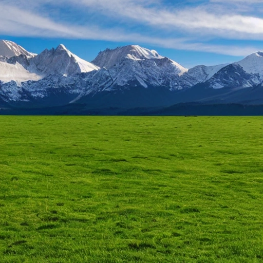 Crowdsourced AI Art - photo of ice covered mountain peaks in the background  with a field of bright green grass in the foreground 