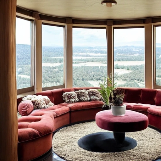 This cozy living room on a space ship features a large, oval-shaped window that offers a stunning view of the earth below. The furniture is warm and inviting, with a plush sofa and armchair upholstered in a rich, burgundy fabric. A wooden coffee table sits at the center of the room, and a few potted plants add a touch of greenery. A cozy fireplace, complete with a faux stone mantel and a flickering LED flame, adds a touch of warmth and comfort. A few framed photos of the earth and the stars hang on the walls, adding a personal touch