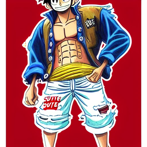 luffy one piece on supreme brand logo,, Water Color