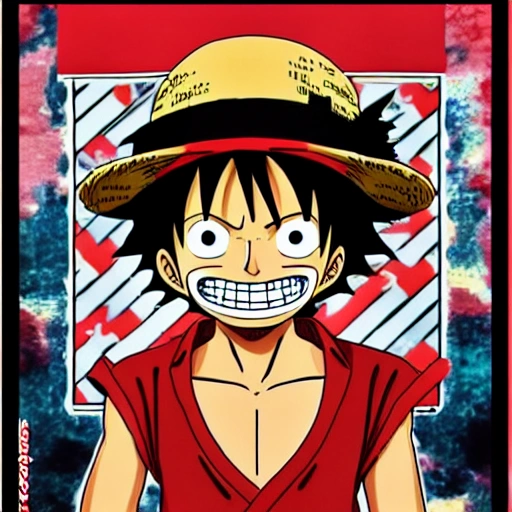 "Luffy, el protagonista de One Piece, montando sobre un fondo con el icónico logo de la marca Supreme en rojo y blanco".