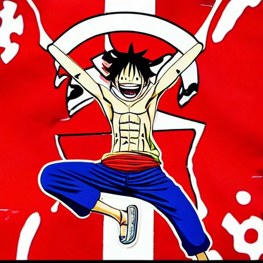 "Luffy, el protagonista de One Piece, montando sobre un fondo con el icónico logo de la marca Supreme en rojo y blanco".