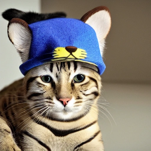 a cat that have a blue hat, the cat is cute an yellow and looks like a tiger, 