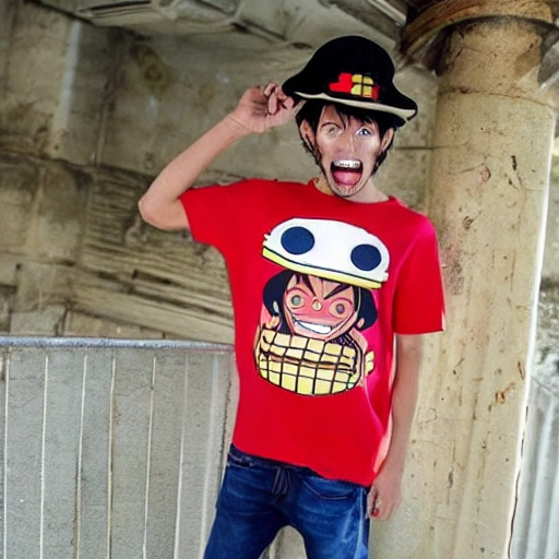 "Genera una imagen de Luffy de One Piece usando su apariencia característica, pero con una camisa y una gorra de Supreme."



