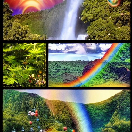 A landscape that includes waterfalls, rainbows, marijuana plants, two suns, and five canary birds.