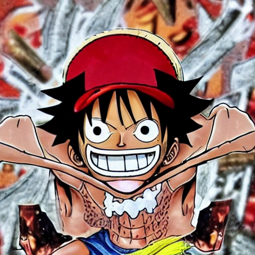 "Genera una imagen de Luffy de One Piece usando su apariencia característica, pero con una camisa y una gorra de Supreme."



