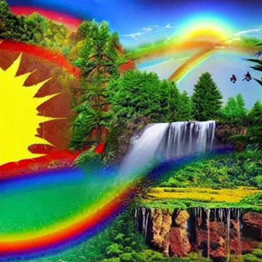 in one image : A landscape that includes waterfalls, rainbows, marijuana plants, two suns, and five canary birds.