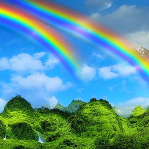 in one image : A landscape that includes waterfalls, rainbows, weed plants, two suns, and five canary birds.