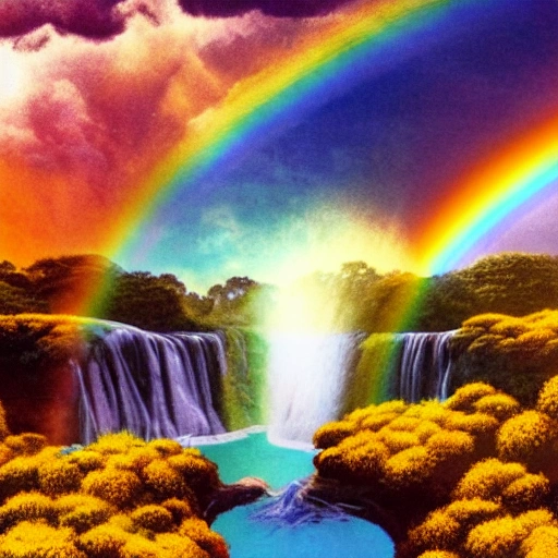 in one image : A landscape that includes waterfalls, rainbows, weed plants, two suns, and five canary birds., 3D