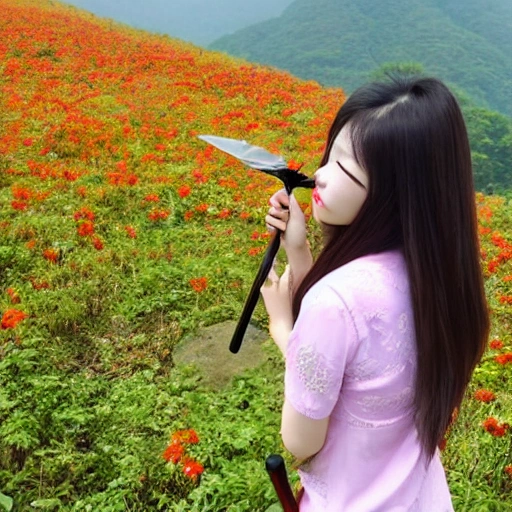 On the beautiful Meihua Mountain, a beautiful woman with long hair was holding a flower umbrella and looking at the distance in the sunny morning., 3D