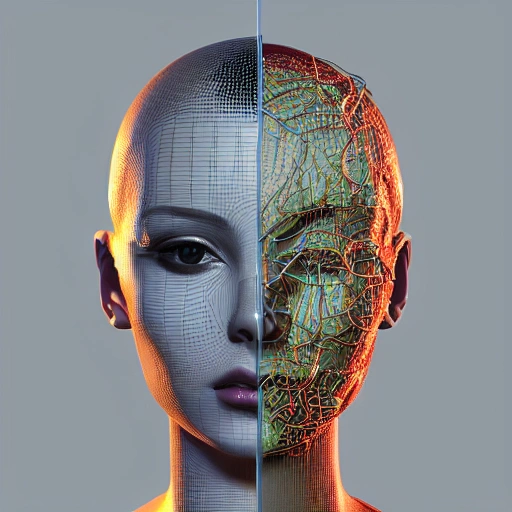 bichectomy render 3d woman real 4k art realistic  complex 3d render ultra detailed of a beautiful porcelain human brain, cyborg, robotic parts, 150 mm, beautiful studio soft light, rim light, vibrant details, luxurious cyberpunk, lace, hyperrealistic, cable electric wires, microchip, elegant, beautiful background, octane render