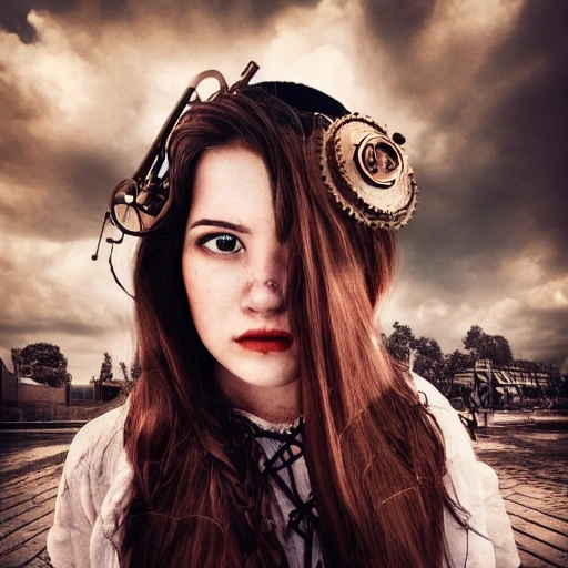 Detailed close-up portrait of the girl standing in the steampunk city, the wind blowing through her hair, film-like warm colors, spotlight, perfect symmetrical face, 3D