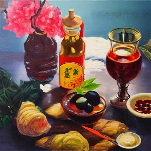 一杯咖啡，一瓶酒，一位美女在旁边品尝红酒，画面要温馨的, Oil Painting