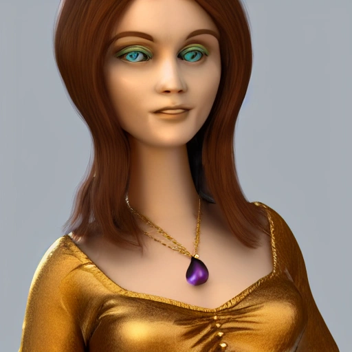 angelic female with green eyes and brown hair wearing a purple long dress and golden jewelry, 3D