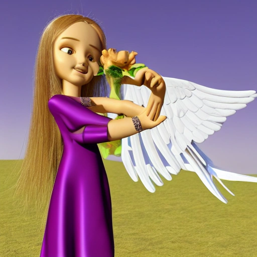 angelic female with green eyes and brown hair wearing a purple long dress and golden jewelry, 3D