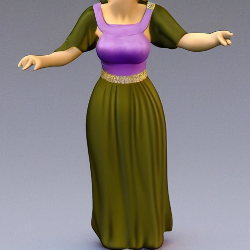 angelic female with green eyes and brown hair wearing a purple long dress and golden jewelry, 3D