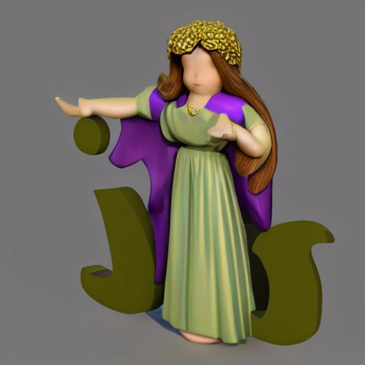 angelic female with green eyes and brown hair wearing a purple long dress and golden jewelry, 3D