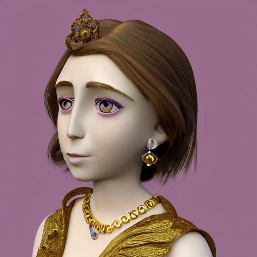 angelic female with green eyes and brown hair wearing a purple long dress and golden jewelry, white wings, 3D