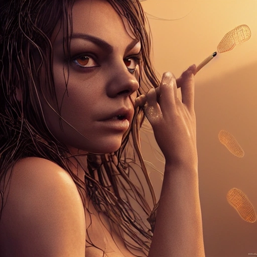 mila kunis waking up with coffee and cigarettes, luis royo, wearing translucent earthtone fashion, paint brush strokes, red bikini, magical, Christoph Wohlgemuth, fireflies glowing, octane render photorealistic, smoothly, ultra rendered extreme realism and detail