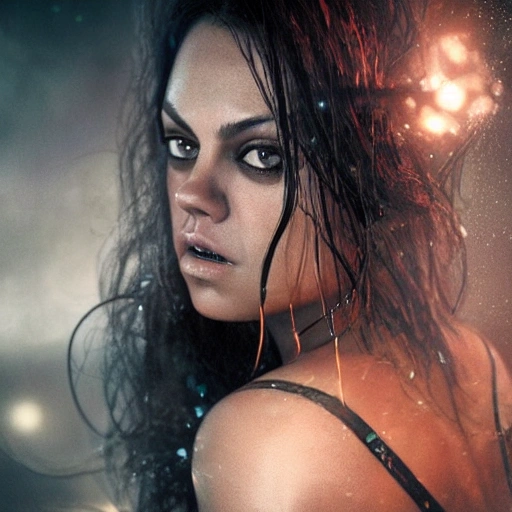 mila kunis waking up with coffee and cigarettes, luis royo, wearing translucent earthtone fashion, paint brush strokes, red bikini, magical, Christoph Wohlgemuth, fireflies glowing, octane render photorealistic, smoothly, ultra rendered extreme realism and detail