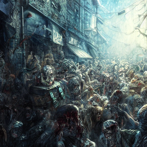   Award-winning, 4K digital painting in the style of Yoshitaka Amano. Detailed and intricate depiction of a zombie apocalypse, masterfully capturing the chaos and drama of the scene. Beautiful lighting and cinematic composition make this piece a true masterpiece, trending on artstation, Water Color