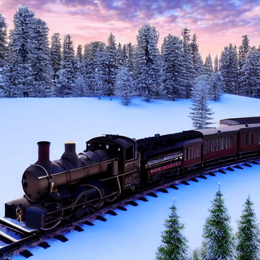 steam train driving through the snow, the polar express, scenic landscape, stunning environment, dusk, ultra detailed, octane render, ultra detail, intricate detail, volumetric lighting, vivid colours, photorealistic, photography, lifelike, high resolution, digital art, ultra wide angle lens, aerial view, elevated view