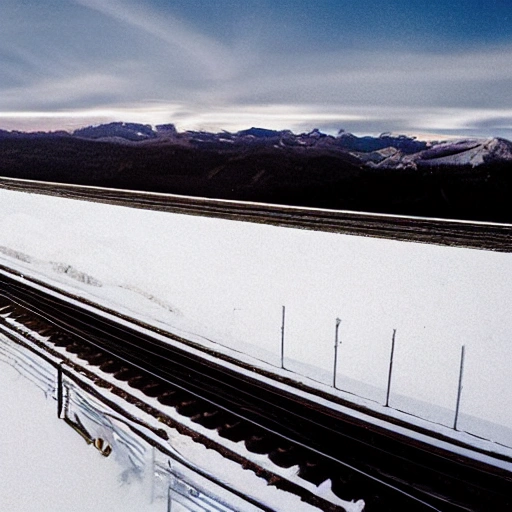 tren de vapor a través de la nieve, paisaje escénico, entorno deslumbrante, amanecer, leve oscuridad, detallez ultra, detalles intrincados, iluminación volumétrica, colores vivos, fotorealista, alta resolución, arte digital, ultra lente gran angular, vista aérea, vista elevada