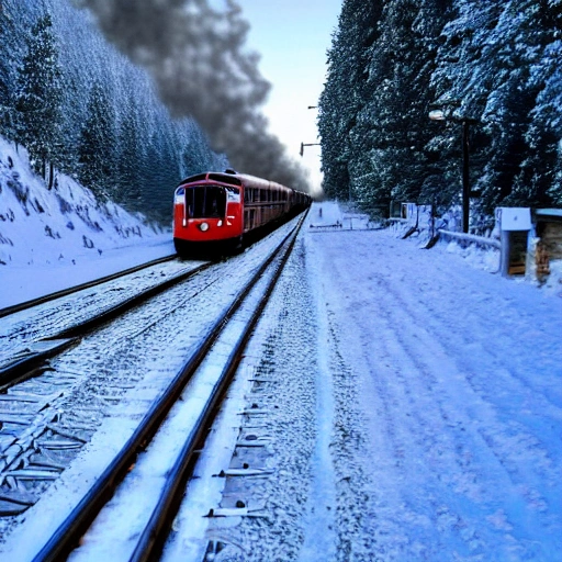 tren de vapor a través de la nieve, paisaje escénico, entorno deslumbrante, amanecer, leve oscuridad, detallez ultra, detalles intrincados, iluminación volumétrica, colores vivos, fotorealista, alta resolución, arte digital, ultra lente gran angular, vista aérea, vista elevada