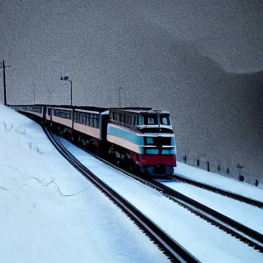 tren de vapor a través de la nieve, paisaje escénico, entorno deslumbrante, amanecer, leve oscuridad, detalles ultra, detalles intrincados, iluminación volumétrica, colores vivos, fotorealista, alta resolución, arte digital, ultra lente gran angular, vista aérea, vista elevada