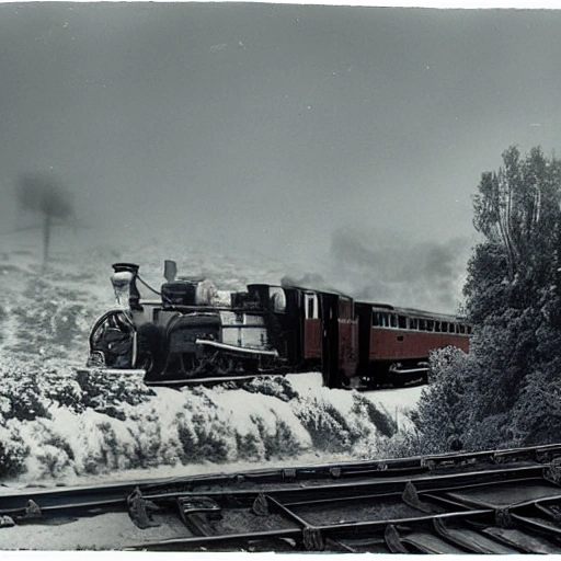 antiguo tren de vapor a través de la nieve, paisaje escénico, entorno deslumbrante, amanecer, leve oscuridad, detalles ultra, detalles intrincados, iluminación volumétrica, colores vivos, fotorealista, alta resolución, arte digital, ultra lente gran angular, vista aérea, vista elevada