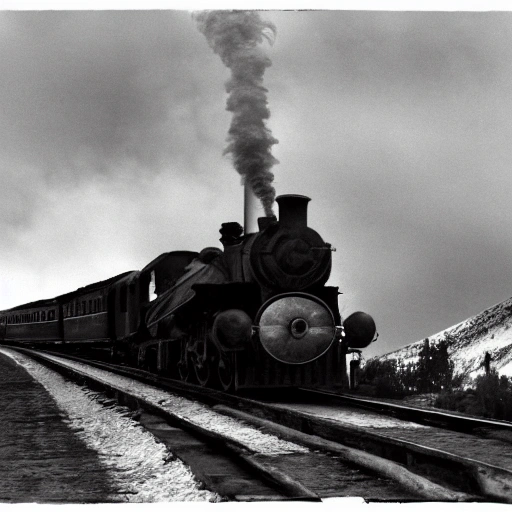 antiguo tren de vapor a través de la nieve, paisaje escénico, entorno deslumbrante, amanecer, leve oscuridad, detalles ultra, detalles intrincados, iluminación volumétrica, colores vivos, fotorealista, alta resolución, arte digital, ultra lente gran angular, vista aérea, vista elevada