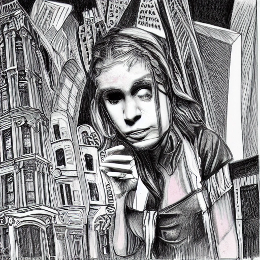 mujer de espaldas sufriendo en nueva york, Trippy, Trippy, Pencil Sketch, Trippy, 3D